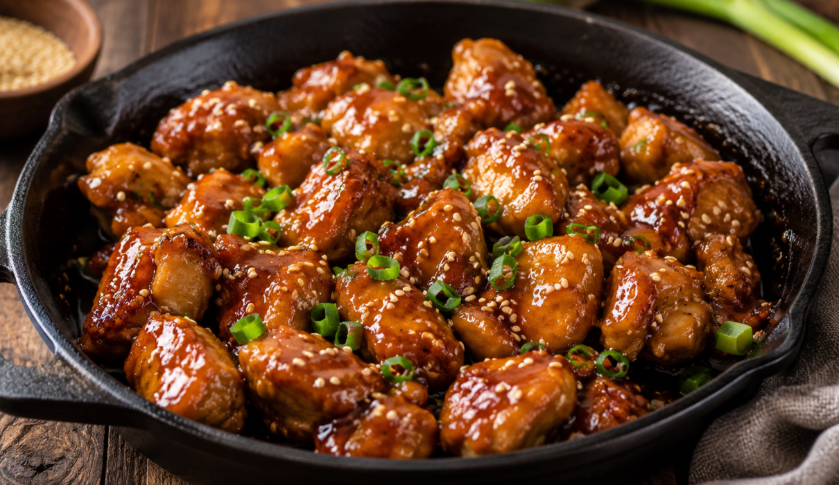 Honey Garlic Chicken in a cast iron skillet with a glossy honey garlic sauce, sesame seeds, and fresh green onions.