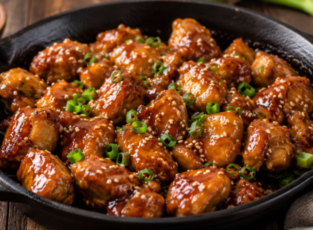 Honey Garlic Chicken in a cast iron skillet with a glossy honey garlic sauce, sesame seeds, and fresh green onions.