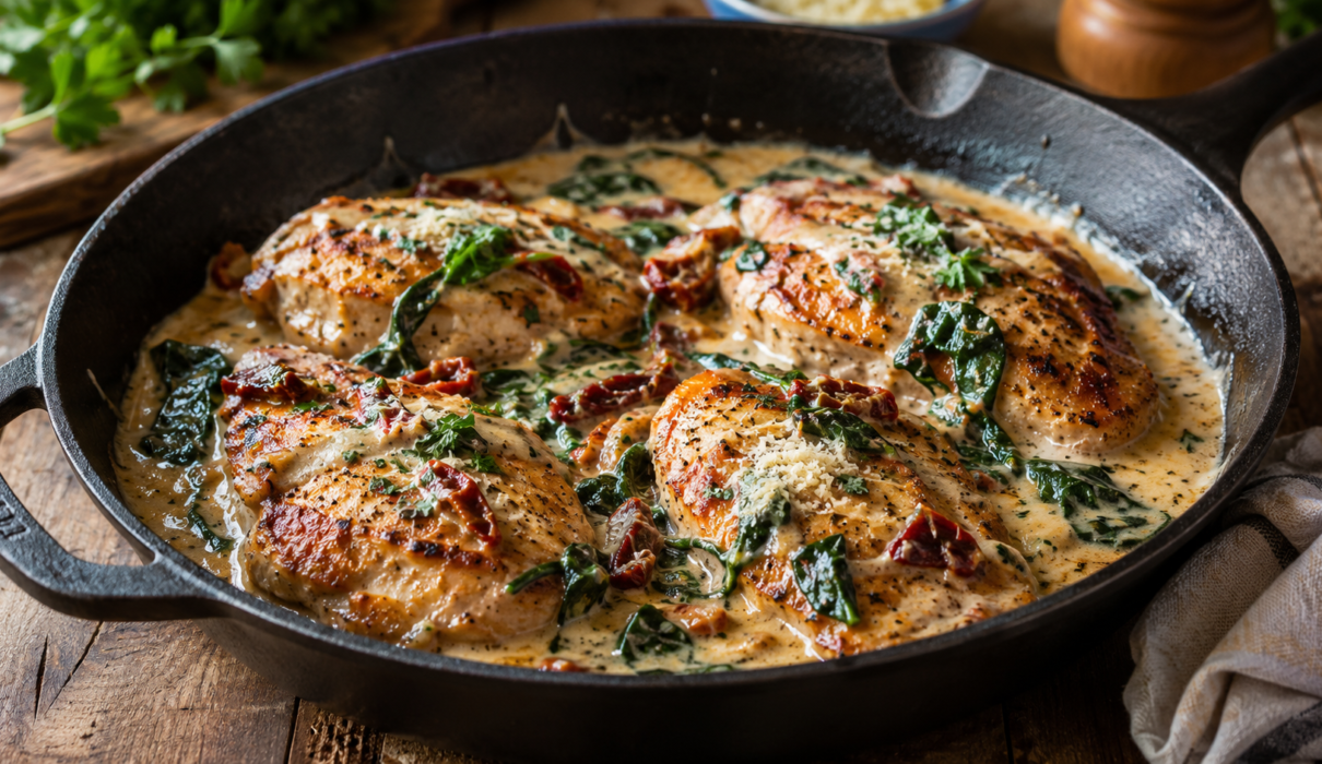 Creamy Tuscan Chicken in a rich garlic Parmesan sauce with spinach and sun-dried tomatoes served in a cast iron skillet.