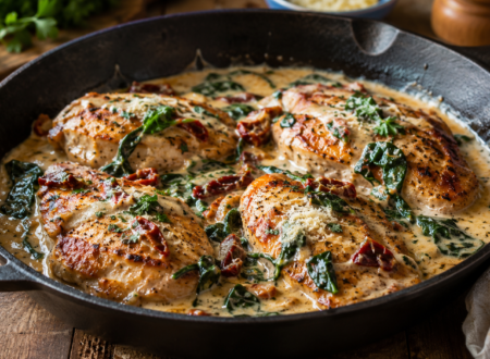 Creamy Tuscan Chicken in a rich garlic Parmesan sauce with spinach and sun-dried tomatoes served in a cast iron skillet.